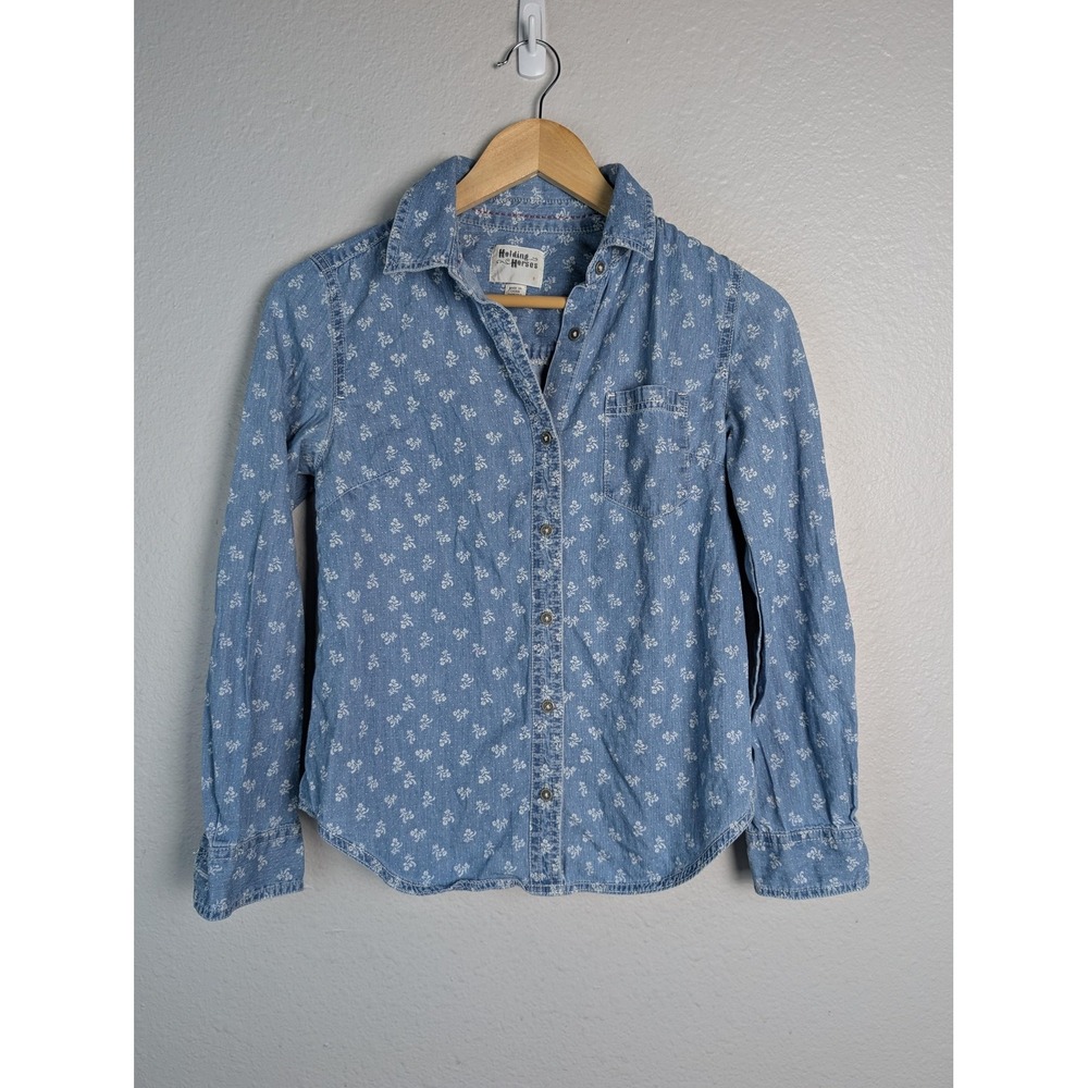 Holding Horses Shirt Womens 0 Blue Floral Chambray Button Up Long Sleeve Top